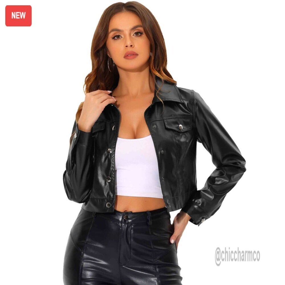 Metallic Moto Jacket Crop Faux Leather Party Wear Button Front